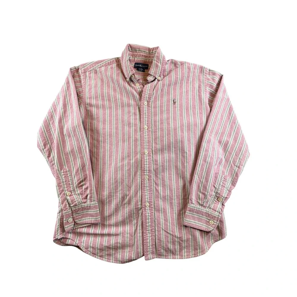 Ralph Lauren Boys L 16/18 Striped Oxford Button Down Shirt Pink Green White Pony